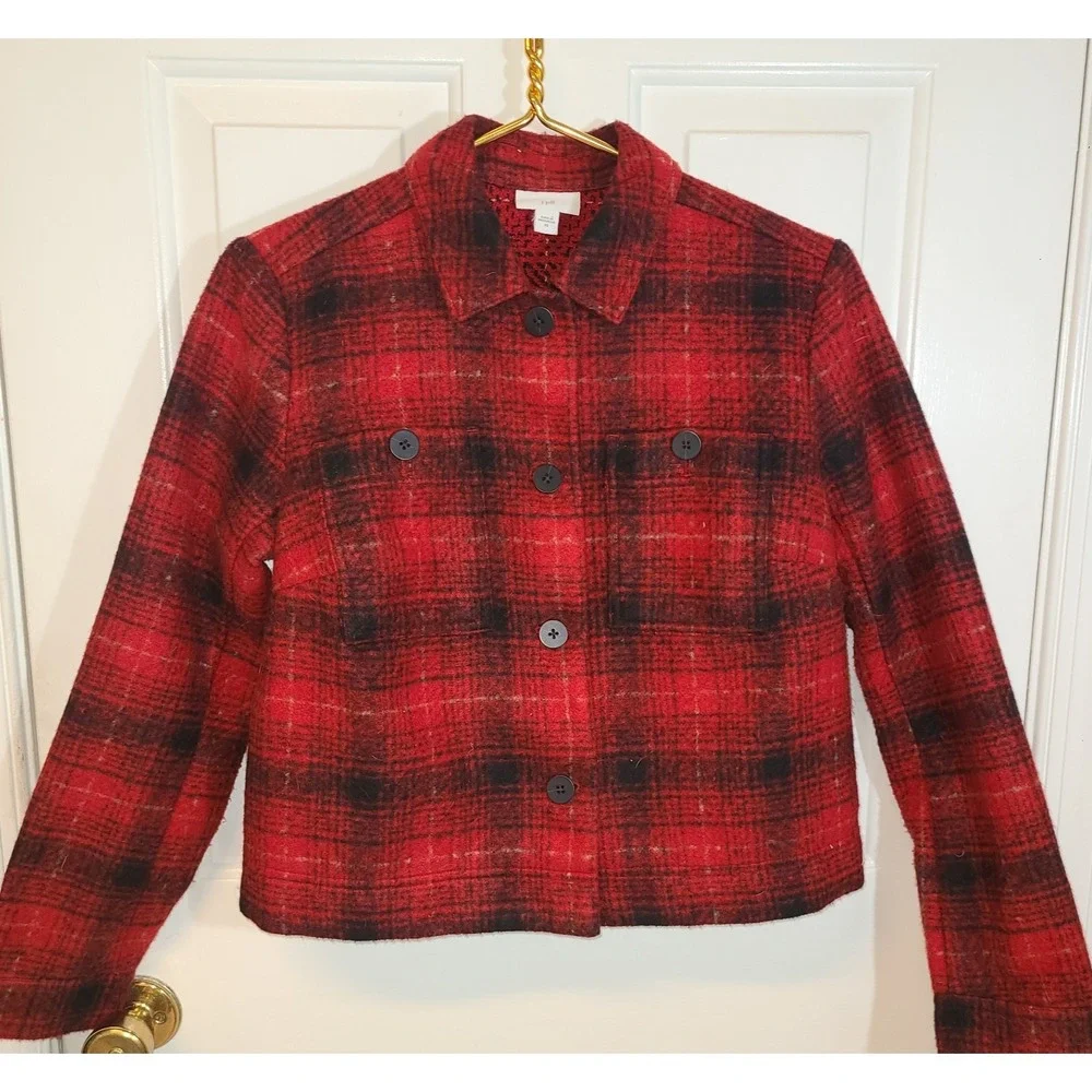 J. Jill Jacket Womens Size XS Red Plaid Barn Chore Red‎ Classic Button Outdoor